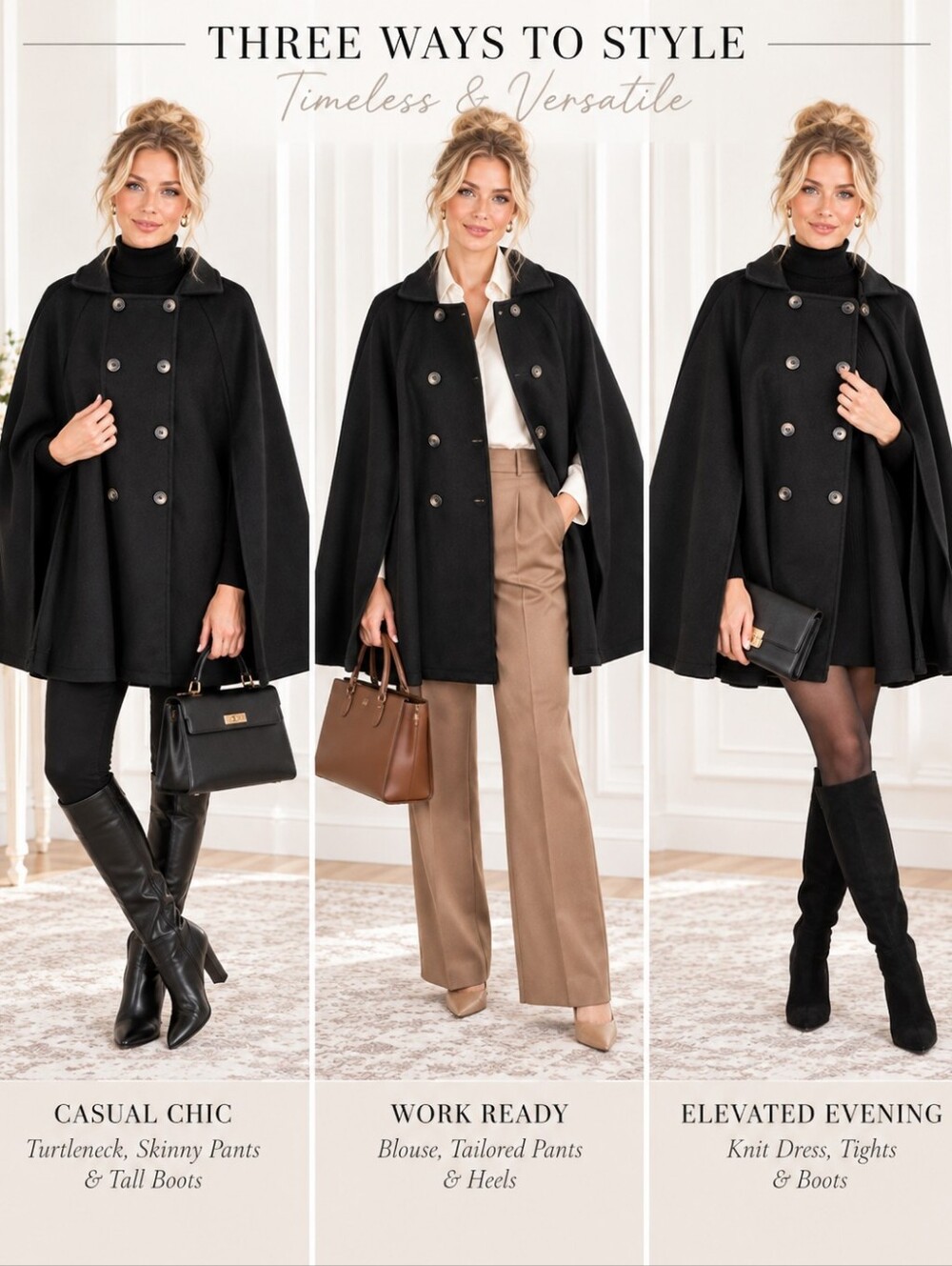 Black Double Breasted Cape Coat Poncho Quiet Luxury | Plus Size XXL - Picture 3 of 9